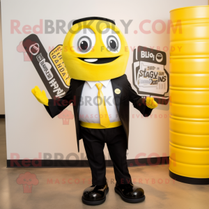 Yellow Soda Can mascot costume character dressed with a Tuxedo and Tie pins