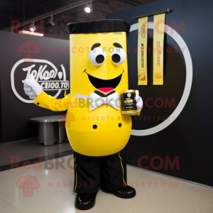 Yellow Soda Can mascot costume character dressed with a Tuxedo and Tie pins