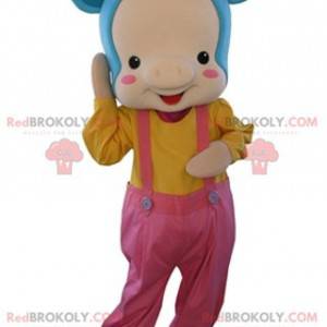 Pink pig mascot with blue hair and overalls - Redbrokoly.com