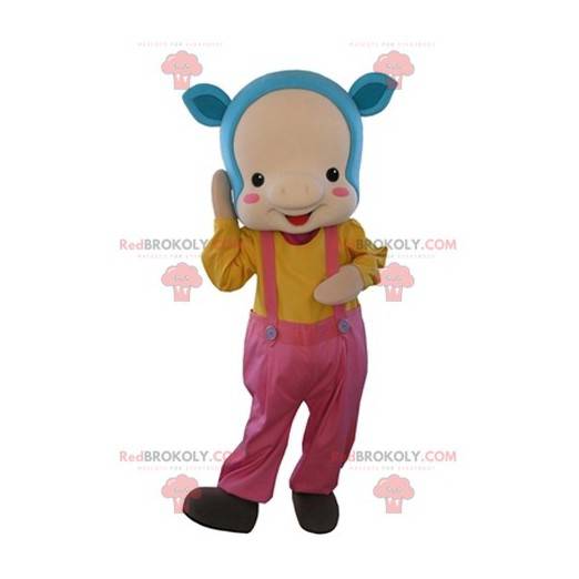 Pink pig mascot with blue hair and overalls - Redbrokoly.com