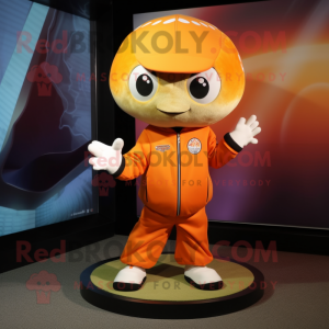 Orange Ray mascot costume character dressed with a Bomber Jacket and Foot pads