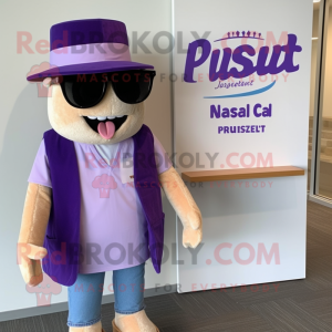 Lavender Pulled Pork Sandwich mascot costume character dressed with a Vest and Sunglasses