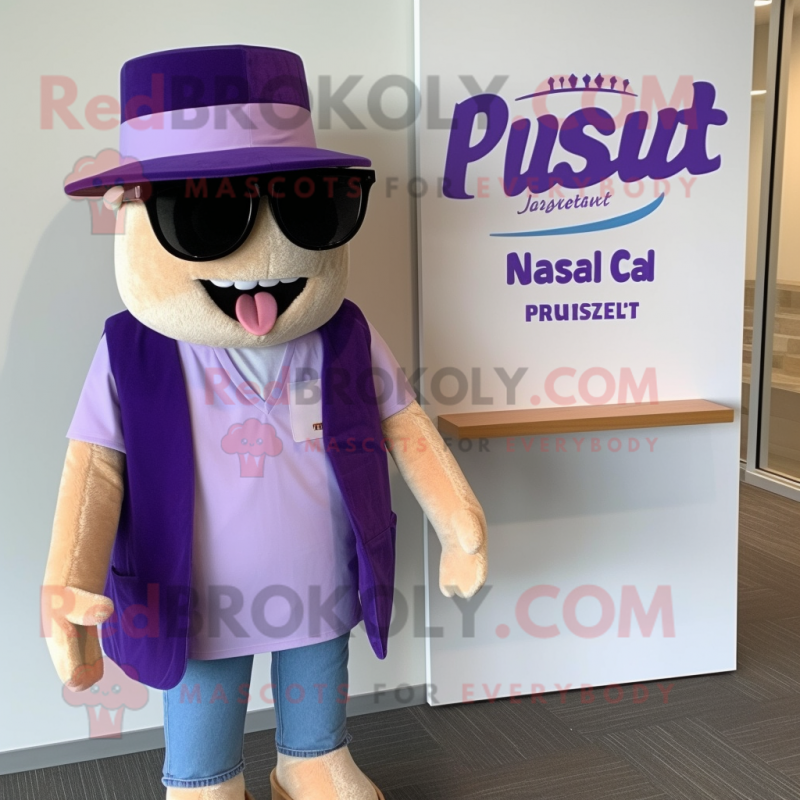 Lavender Pulled Pork Sandwich mascot costume character dressed with a Vest and Sunglasses Lavender Pulled Pork Sandwich mascot costume character dressed with a Vest and Sunglasses