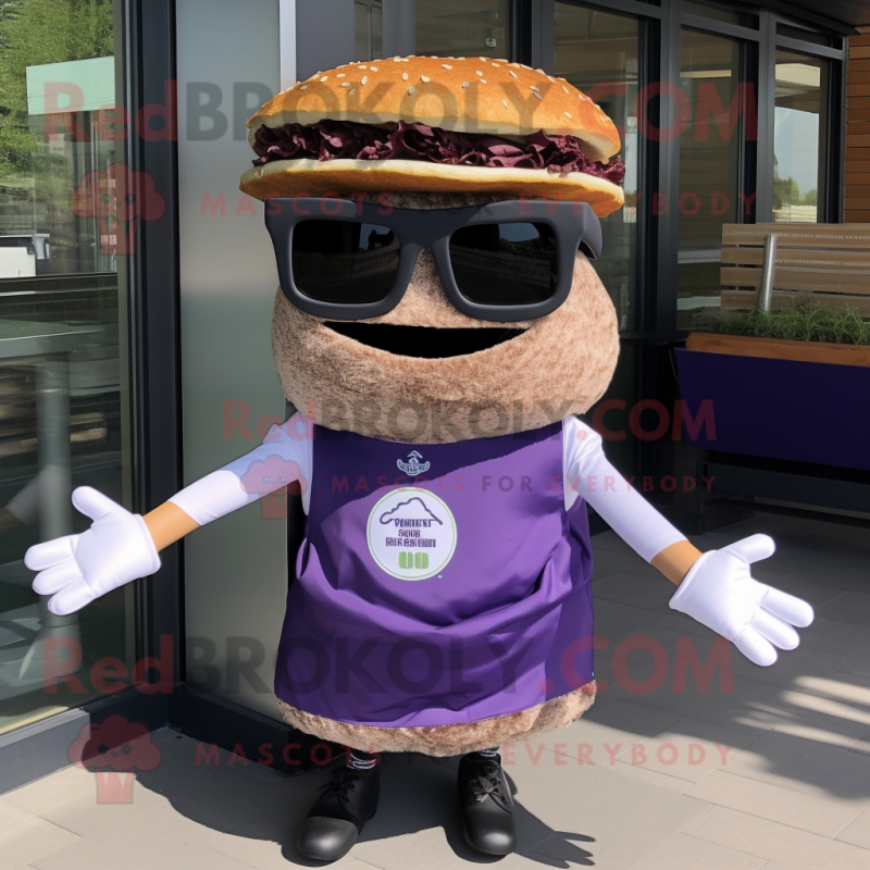 Lavender Pulled Pork Sandwich mascot costume character dressed with a Vest and Sunglasses