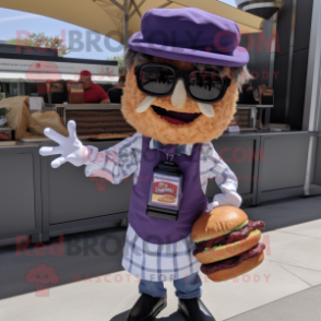 Lavender Pulled Pork Sandwich mascot costume character dressed with a Vest and Sunglasses