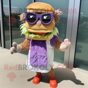 Lavender Pulled Pork Sandwich mascot costume character dressed with a Vest and Sunglasses