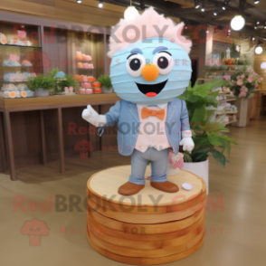 Peach Wedding Cake mascot costume character dressed with a Chambray Shirt and Hair clips
