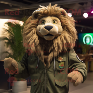 Olive Lion mascot costume character dressed with a Bomber Jacket and Shawls