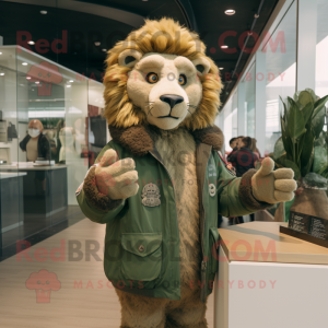 Olive Lion mascot costume character dressed with a Bomber Jacket and Shawls