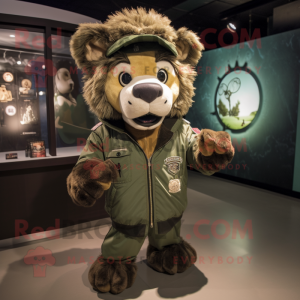 Olive Lion mascot costume character dressed with a Bomber Jacket and Shawls