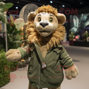 Olive Lion mascot costume character dressed with a Bomber Jacket and Shawls