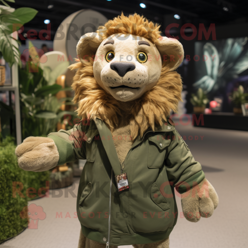 Olive Lion mascot costume character dressed with a Bomber Jacket and Shawls Olive Lion mascot costume character dressed with a Bomber Jacket and Shawls