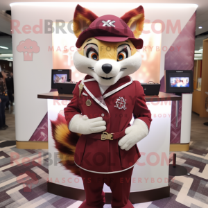 Maroon Fox mascot costume character dressed with a A-Line Skirt and Brooches