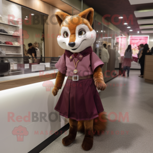 Maroon Fox mascot costume character dressed with a A-Line Skirt and Brooches