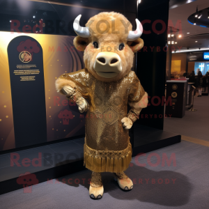 Gold Buffalo mascot costume character dressed with a Mini Skirt and Earrings