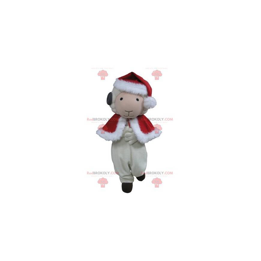 White and black sheep goat mascot in Christmas outfit -