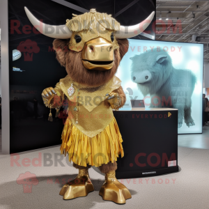 Gold Buffalo mascot costume character dressed with a Mini Skirt and Earrings