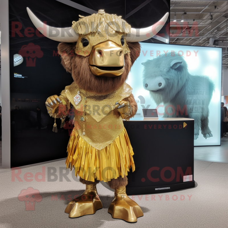 Gold Buffalo mascot costume character dressed with a Mini Skirt and Earrings