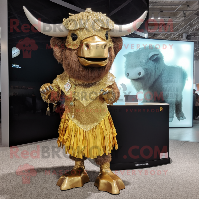 Gold Buffalo mascot costume character dressed with a Mini Skirt and Earrings Gold Buffalo mascot costume character dressed with a Mini Skirt and Earrings