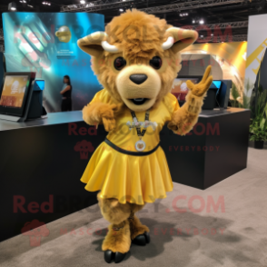 Gold Buffalo mascot costume character dressed with a Mini Skirt and Earrings