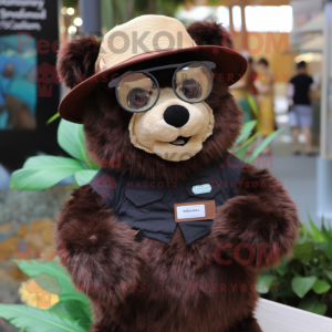 Brown Spectacled Bear mascot costume character dressed with a Pencil Skirt and Hats