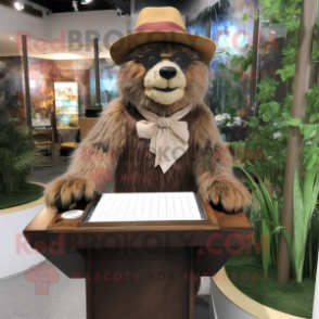 Brown Spectacled Bear mascot costume character dressed with a Pencil Skirt and Hats