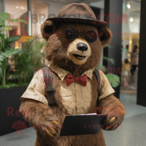 Brown Spectacled Bear mascot costume character dressed with a Pencil Skirt and Hats
