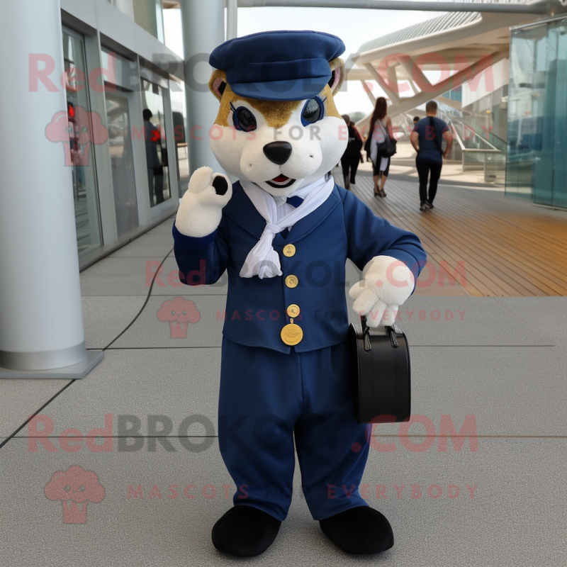 Navy Weasel mascot costume character dressed with a Suit Pants and Shoe laces