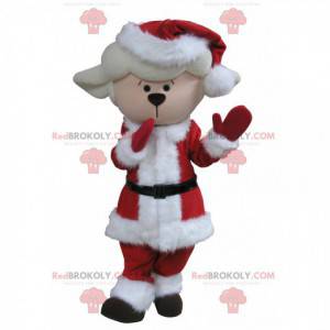 Mascote de carneiro cordeiro branco em traje de Natal -