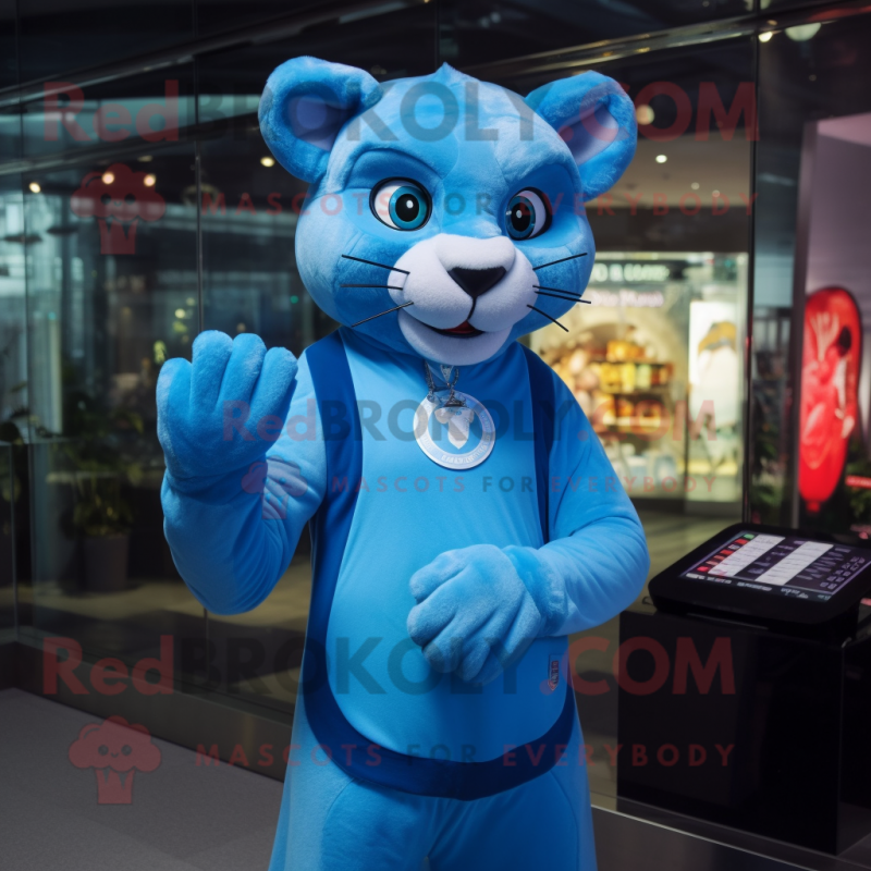 Sky Blue Puma mascot costume character dressed with a Evening Gown and Digital watches