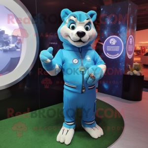 Sky Blue Puma mascot costume character dressed with a Evening Gown and Digital watches