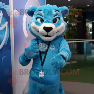 Sky Blue Puma mascot costume character dressed with a Evening Gown and Digital watches