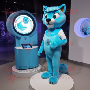 Sky Blue Puma mascot costume character dressed with a Evening Gown and Digital watches