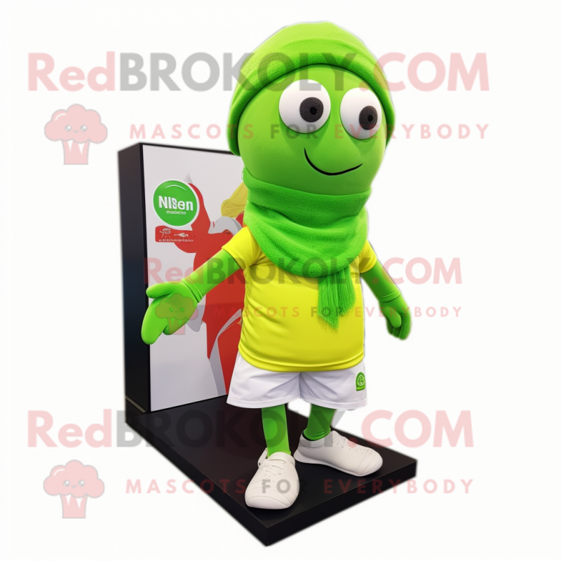Lime Green Moussaka mascot costume character dressed with a Shorts and Scarves Lime Green Moussaka mascot costume character dressed with a Shorts and Scarves