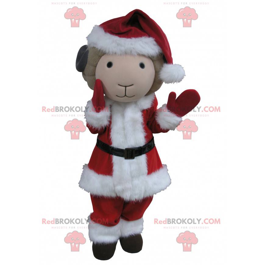 Mascot beige and black goat dressed as Santa Claus -