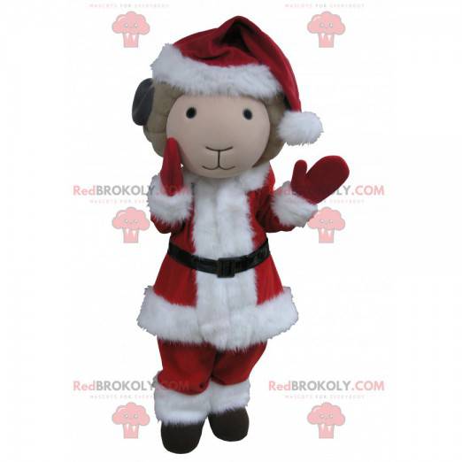 Mascot cabra beige y negra vestida como Santa Claus -