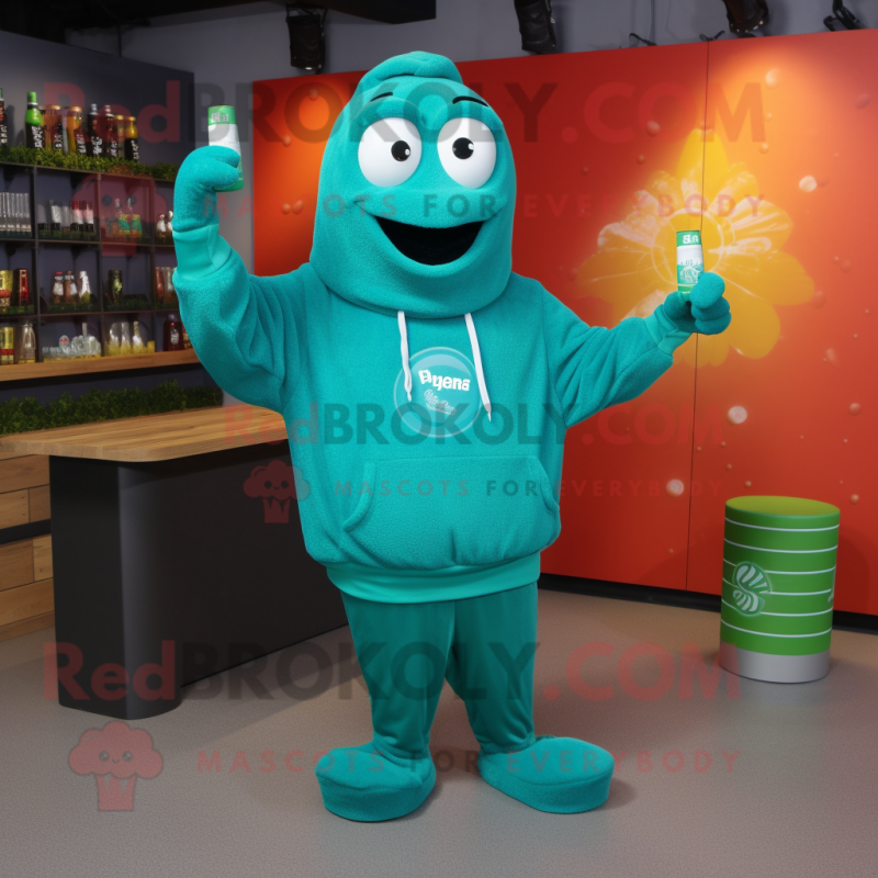 Turquoise Green Beer mascot costume character dressed with a Sweatshirt and Necklaces
