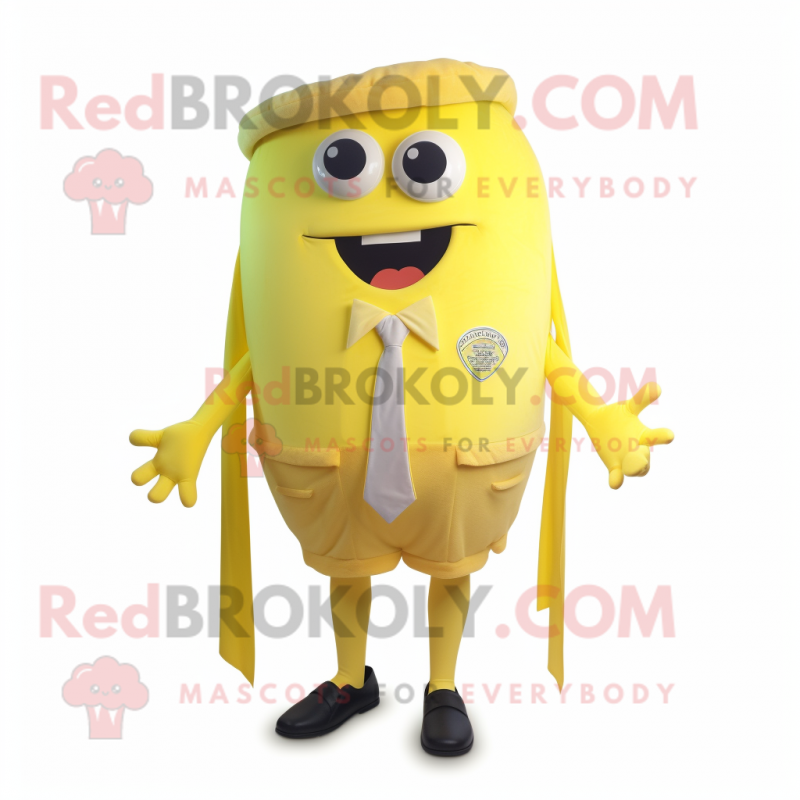 Lemon Yellow Moussaka mascot costume character dressed with a Shorts and Tie pins