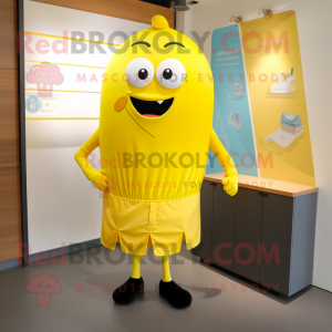 Lemon Yellow Moussaka mascot costume character dressed with a Shorts and Tie pins