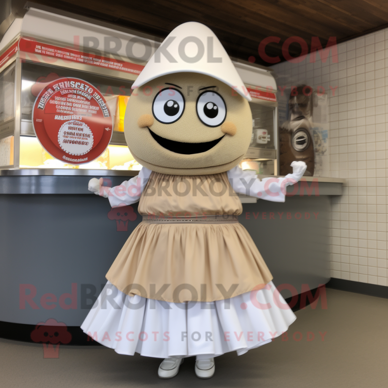 Tan Clam Chowder mascot costume character dressed with a Circle Skirt and Bracelet watches Tan Clam Chowder mascot costume character dressed with a Circle Skirt and Bracelet watches