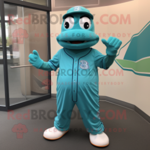 Turquoise Baseball Glove mascot costume character dressed with a Dress and Ties
