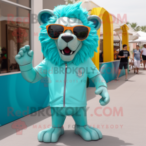 Turquoise Tamer Lion mascot costume character dressed with a Romper and Sunglasses