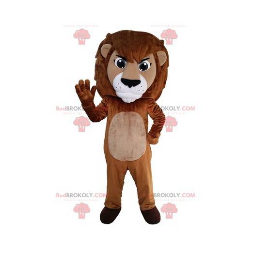 Jättebrunt och vitt lejonmaskot. Kattmaskot - Redbrokoly.com