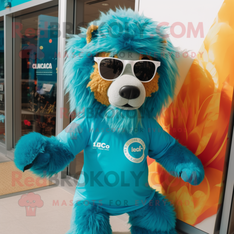 Turquoise Tamer Lion mascot costume character dressed with a Romper and Sunglasses