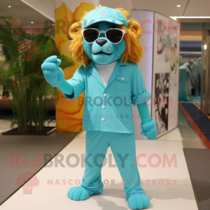 Turquoise Tamer Lion mascot costume character dressed with a Romper and Sunglasses