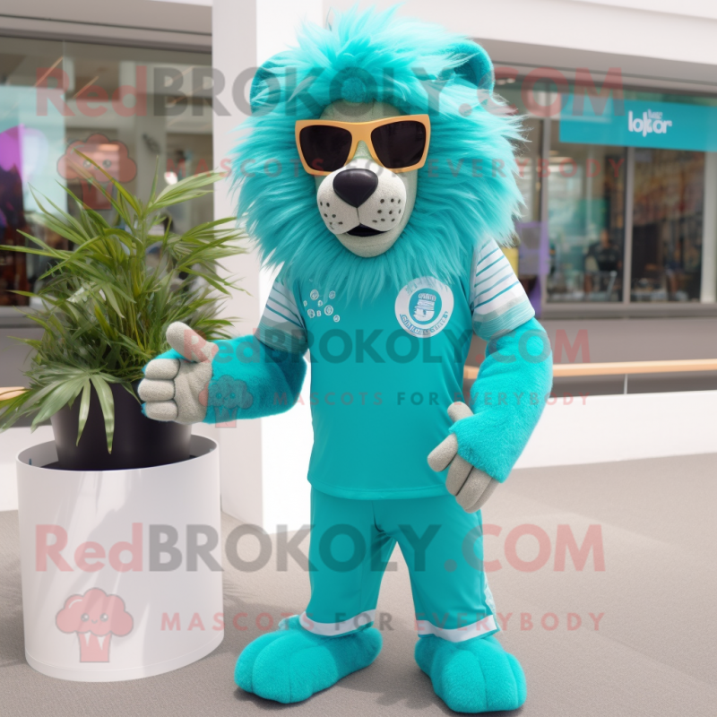 Turquoise Tamer Lion mascot costume character dressed with a Romper and Sunglasses Turquoise Tamer Lion mascot costume character dressed with a Romper and Sunglasses