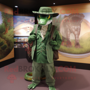 Forest Green Anaconda mascot costume character dressed with a Vest and Hat pins
