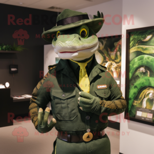 Forest Green Anaconda mascot costume character dressed with a Vest and Hat pins