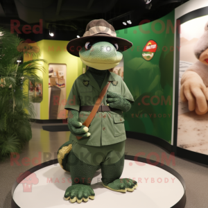 Forest Green Anaconda mascot costume character dressed with a Vest and Hat pins