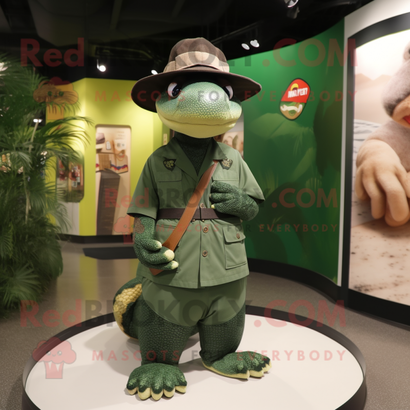 Forest Green Anaconda mascot costume character dressed with a Vest and Hat pins Forest Green Anaconda mascot costume character dressed with a Vest and Hat pins